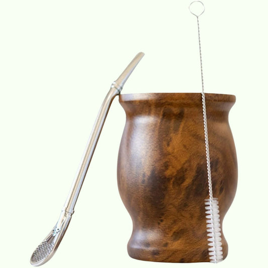Yerba Mate seti, çift duvarlı 18/8 paslanmaz çelik eş çay bardağı, bir bombilla arkadaşı (saman), bir temizlik fırçası (ahşap, 230ml) içerir