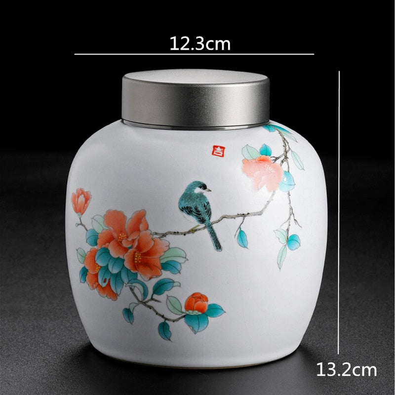 Rhododendron Bird Ceramic Tea Caddy Metal/wood Cover Sealed Jar Storage Tank Tea Container Food Storage Box Decoration Candy Jar