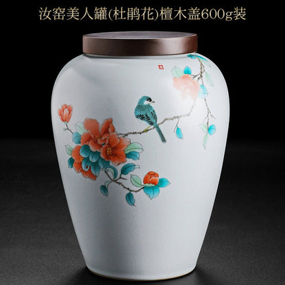 Rhododendron Bird Ceramic Tea Caddy Metal/wood Cover Sealed Jar Storage Tank Tea Container Food Storage Box Decoration Candy Jar