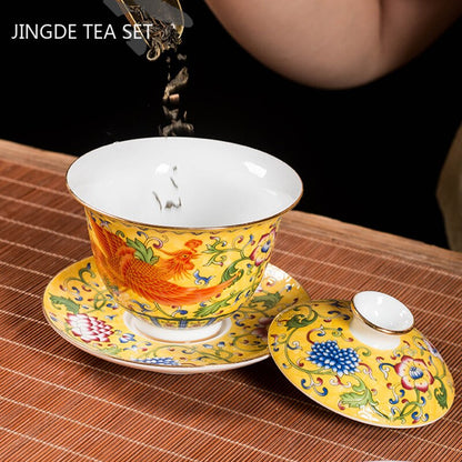 Ceramika sancai gaiwan miska smok i phoenix master filiżanka herbaty kubek ręcznie robiony Enami Kolor herbaty
