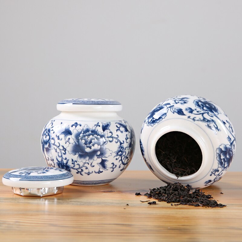 Modrý a bílý porcelánový čaj caddy keramická skladovací nádrž Navření vlhkosti Uzavřené nádrž Malý čajový čajový čaj bonbóny Candy Jar čaj může