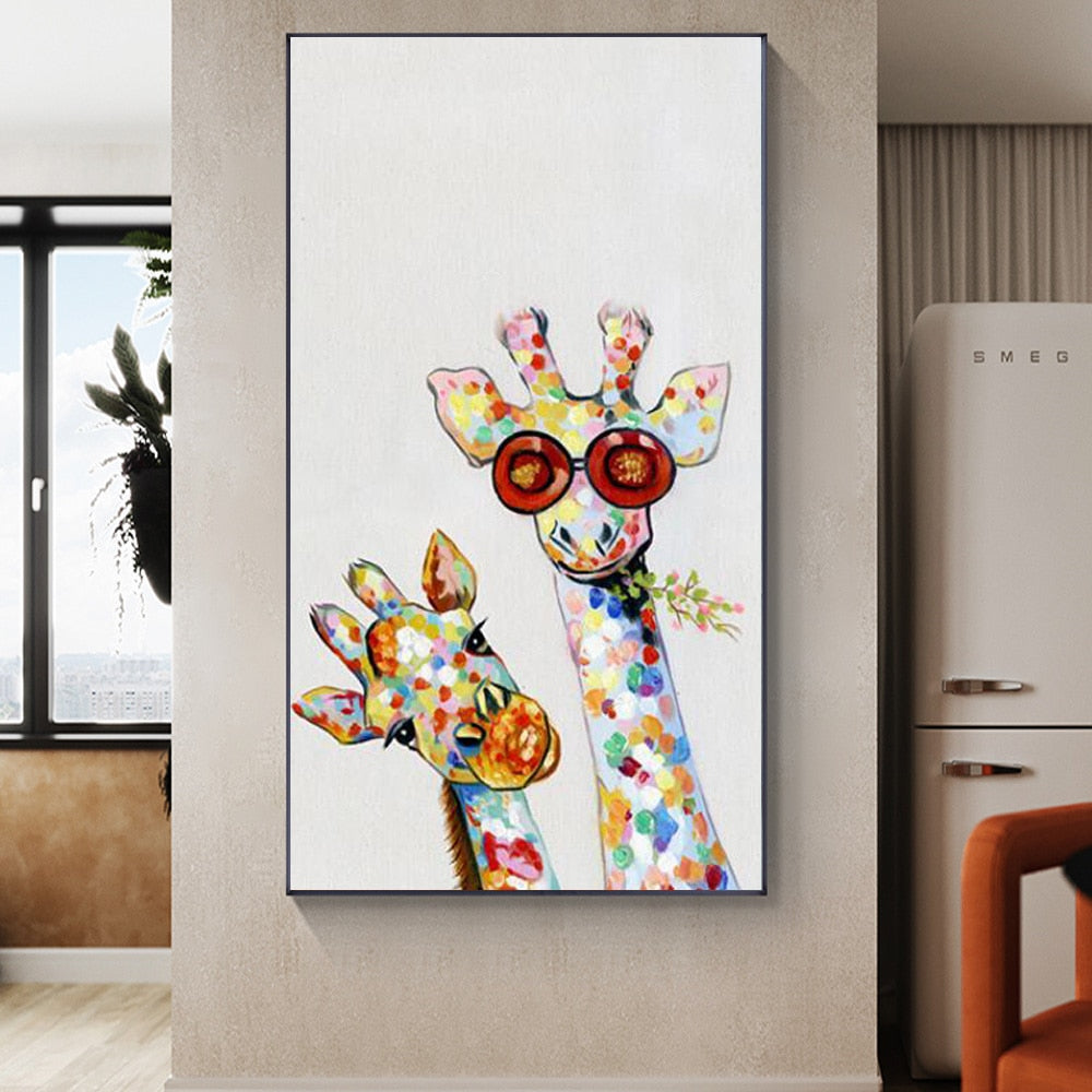 Wandkunst-Leinwanddruck, farbiges Tierbild, Giraffengemälde, Familie für Wohnzimmer, Heimdekoration, ohne Rahmen 