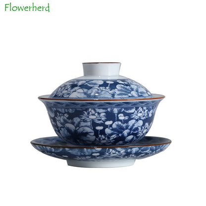 Service à thé Gaiwan en porcelaine bleue et blanche, service à thé Kung Fu, soupière en céramique blanche, services à thé peints à la main, chine