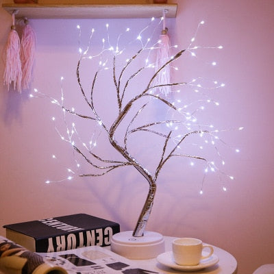 Noche LED Mini Árbol de Navidad Lámpara de guirnalda de alambre de cobre para niños Decoración de la decoración del dormitorio del hogar Iluminación de vacaciones de hadas