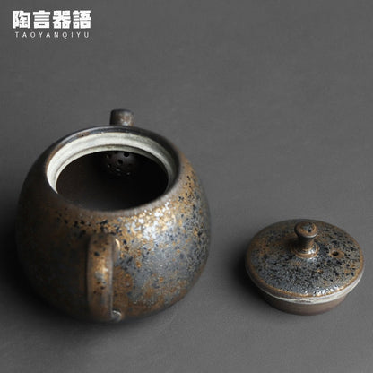 Chinese style retro stoneware persimmon shape hand-held teapot, handmade pottery kiln, personalized tea maker