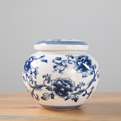 Blå og hvid porcelæn te caddy keramisk opbevaringstank fugtighed bevis forseglet tank lille te container teboks candy jar te kan