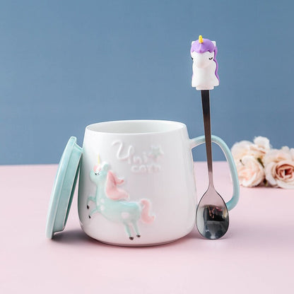 Cute Unicorn Coffee Mug with Lid and Spoon for Breakfast Milk Tea Drinking Ceramic Tea Cup Gift for Girls Pink 350ml