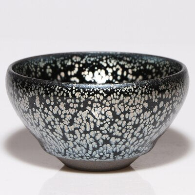 Jianzhan Vintage Cup til te Tenmoku Tea Cup Bowl Oil Drop Pattern Glaze Silver in Black Top Grade Handworks