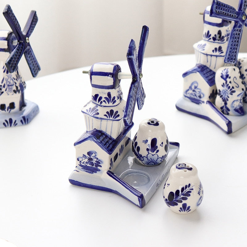 Medelhavet Retro handmålad blå väderkmilling kryddor keramik keramisk hemdekoration kök dekoration hushållsegåva