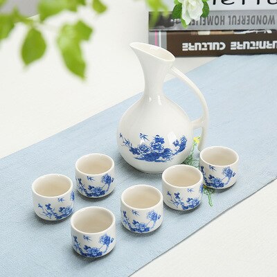 Керамический винный набор в японском стиле сине -белый бамбук 1 горшок 6 стаканов белый напиток для кухонного бар.