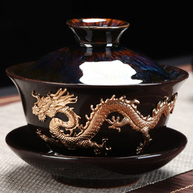 Dragon Silver intarsio intarsio Tureen a mano fatta per bevande per tè per tè per tè ciotola cambio con drago dorato Gaiwan