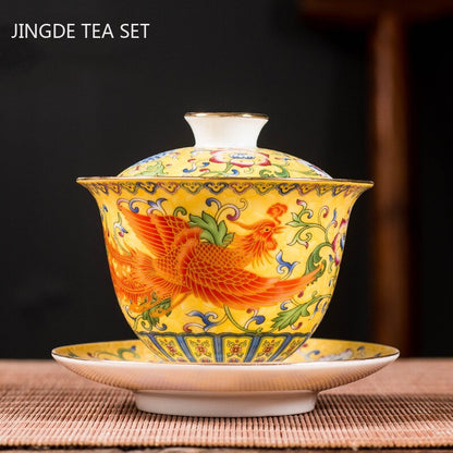 Seramik sancai gaiwan mangkuk naga dan phoenix cawan master cawan teh buatan tangan enamel warna mangkuk teh high-end menghormati set teh