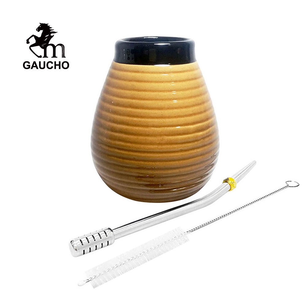 1 PC/Lot Yerba Mate Gourds Emboss Stripe Ceramic Calabash Cups With Bombilla Filter Straw and Cleaning Brush