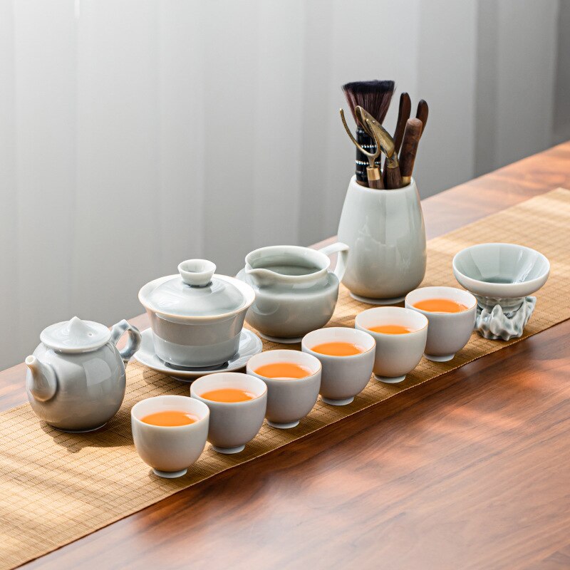 Ice Grey Glaze Kung Fu Tea Set Home Office Ceramic Teapot Håndtak Tea Cup Tea Tray Plant Gray Tea Pot and Cup Set Luxury Tea Set