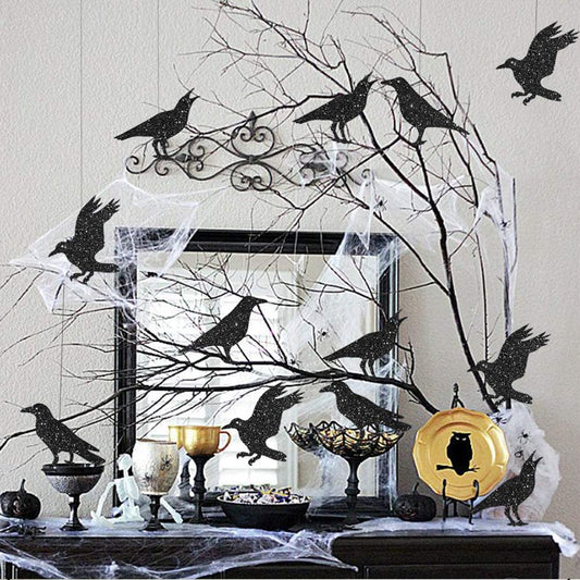 32 Stück Papier-Glitzer-Girlanden mit schwarzen Krähenvögeln für Halloween-Themenparty-Dekoration, fliegende hängende Halloween-Baum-Krähen-Banner