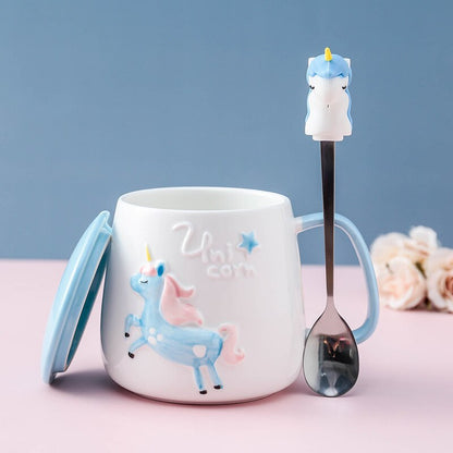 Caneca de café de unicórnio fofa com tampa e colher no café da manhã com chá de leite bebendo chá de chá cerâmica para meninas rosa 350ml