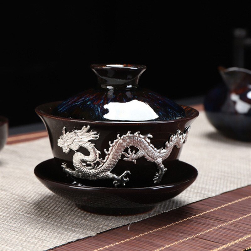 Dragon Silver Inlaided Tea Tureen Hand Made Hushåll TEA Drinkware Bowl Kiln Change With Gold Dragon Gaiwan