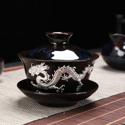 Dragon srebrna inkrustowana herbata Tureen ręcznie wykonana domowa herbata napoje miska pieca zmiana z złotym smokiem gaiwanem