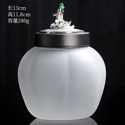 Translucent Glass Jar Tea Caddy Animal Cover Decorative Jar Sealed Jars Thickened Glass Tea Box Home Storage Tank Tea Organizer