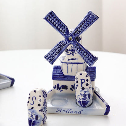 مجموعة أواني توابل طاحونة زرقاء مرسومة يدويًا بتصميم عتيق من السيراميك لتزيين المنزل والمطبخ هدية الترحيب بالمنزل الجديد