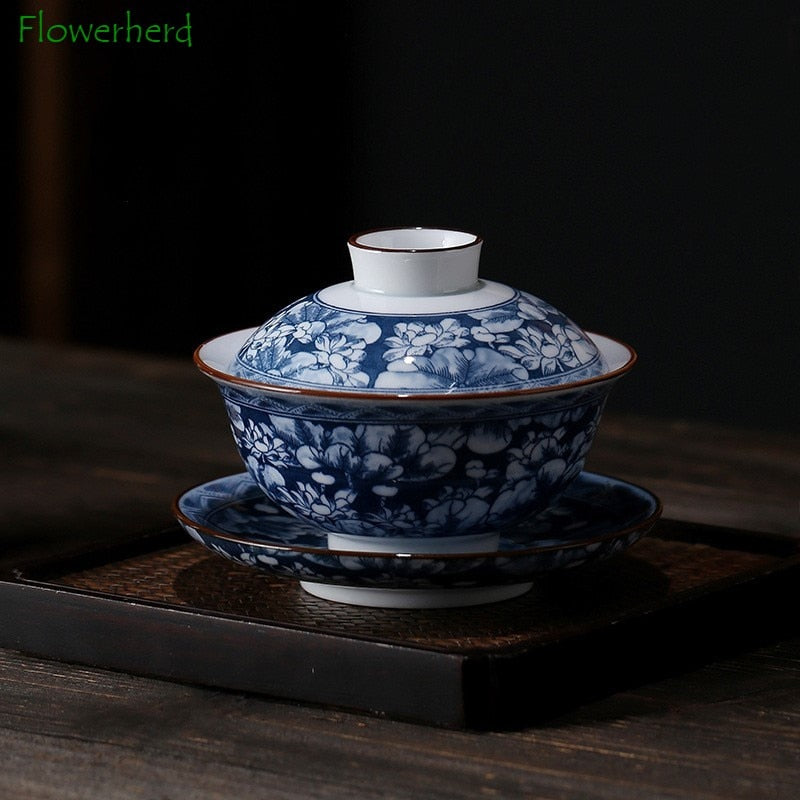 Blauw en wit porselein Gaiwan TEEEWARE THECUP Kung Fu Tea Set keramisch wit porselein Tureen Gaiwan met de hand geschilderde theesets China