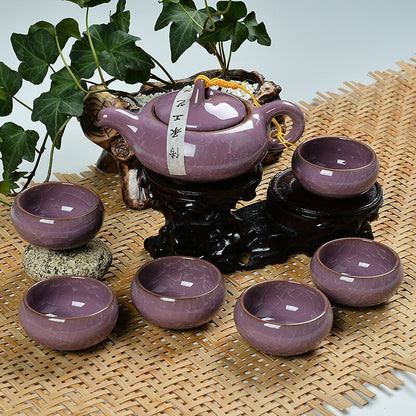 Ceramic Porcelain Kung Fu Tea Set Teaware Tea Cup Set of 6 Tea Pot and Cup Set Purple Clay Colorful Ice Cracked Glaze Tea Set