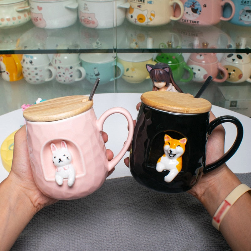 Tasse en céramique en relief 3D avec couvercle, cuillère, tasses à café de personnalité, cuillère en bois de chauffage, tasse à thé pour chien