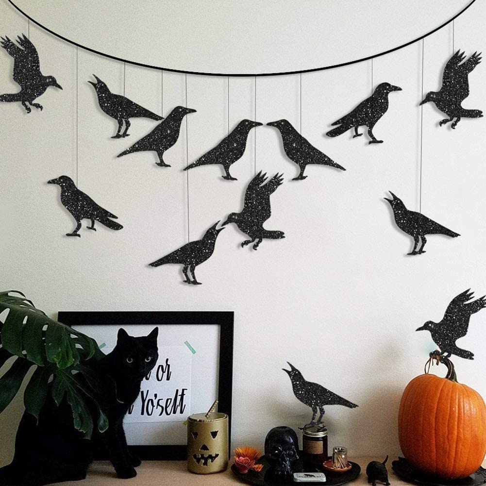 32pcs Paper Glitter Black Crow Bird Garlands For Halloween Themed Party Decoration Flying Hanging Halloween Tree Crow Banners
