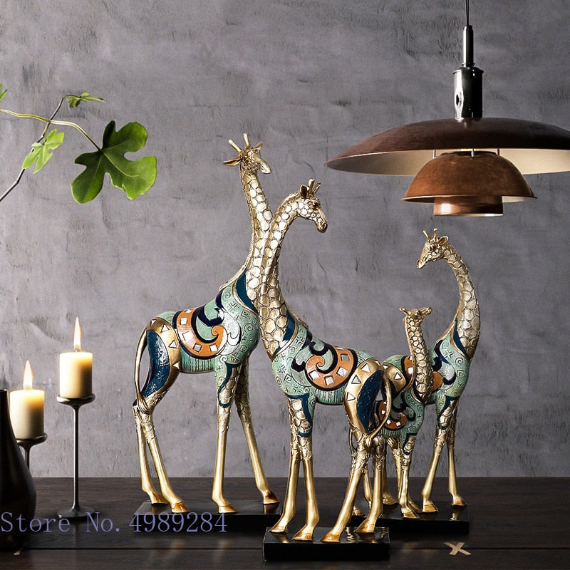 Simulering av dyreskulptur sjiraff mor og barn malt dyrestatue moderne hjem dekorasjon gyldne håndverk ornamenter