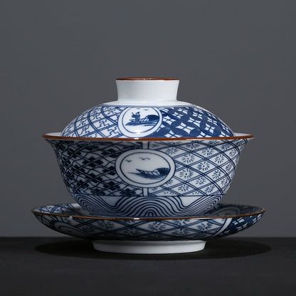 Modrý a bílý porcelán na gaiwan čajový šálek kung fu čaj sada keramický bílý porcelán tureen gaiwan handspainted čajové sady Čína