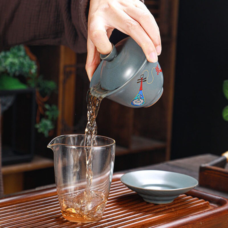 الرجعية السيراميك Gaiwan الخشب أطلقت الفخار القديم الشاي السلطانية بيبا الغزلان نمط فنجان شاي الكونغفو Teaware المطبخ الشرب أداة 190 مللي