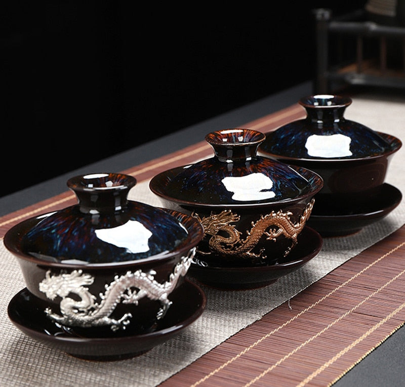Dragon Silver Inlaided Tea Tureen Hand Made Hushåll TEA Drinkware Bowl Kiln Change With Gold Dragon Gaiwan