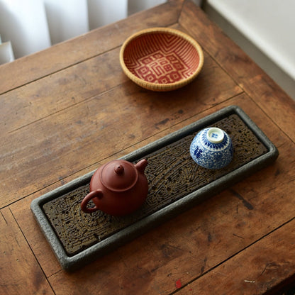Tebakke Naturstenplade Dragon Mønster Dekoration Kinesisk hjemmebord Rektangulær kontor Accessorie Antiques Kungfu Tea