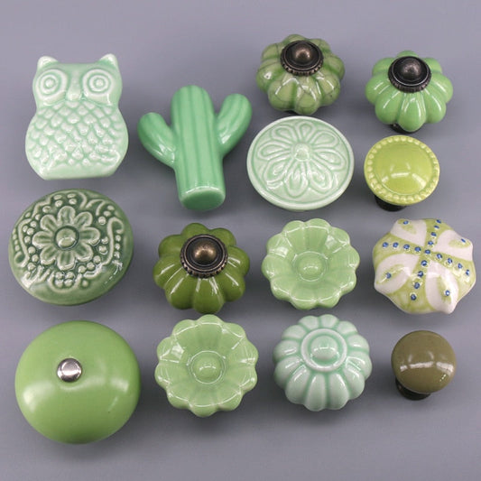 1x, série de cores verde, botões de cerâmica, puxadores de gaveta de gaveta / hardware de mobília do armário do armário fofokitchen