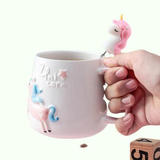 뚜껑과 숟가락을 곁들인 귀여운 유니콘 커피 머그, 아침 우유 차 마시기 세라믹 티 컵 선물 핑크 350ml