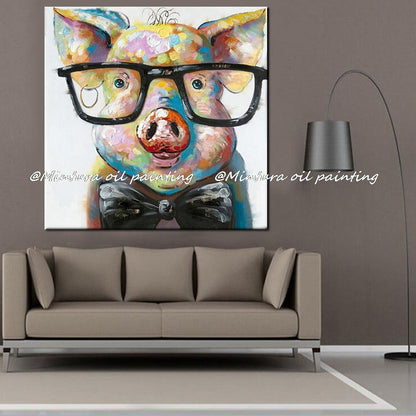 Mintura, ručně malované moderní kreslené zvířecí olejomalba na plátně, piggy nosí brýle nástěnné umění pro obývací pokoj domácí dekorace