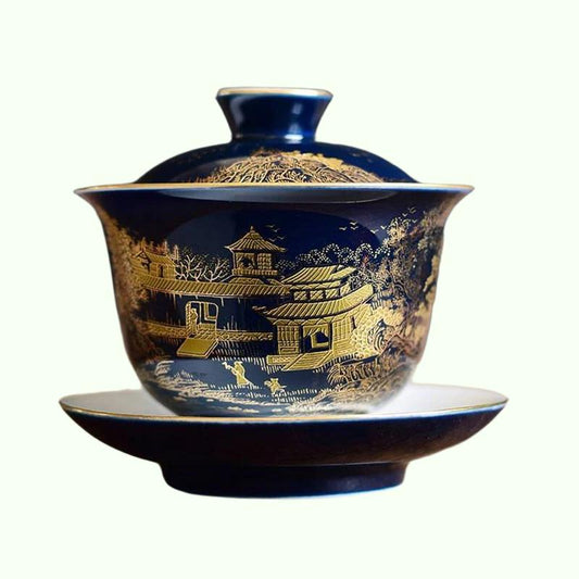 blue sketch gaiwan porcelain blue glaze China cup bowl saucer Chinese tureen ceramic kungfu tea set tea bowls lid