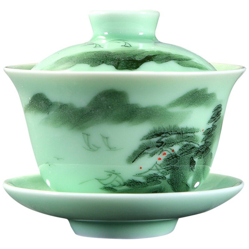 Longquan Celadon Gaiwan Porcelain Handpanted Tureen Fish Relief Cup Bowl with Lock Saucer Mountain River Print Lotus Design