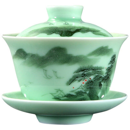 Longquan Celadon Gaiwan Porselen Turpa -Tureen Fish Relief Cup Bowl dengan Sungai Piring Tutup Sungai Print Lotus Desain
