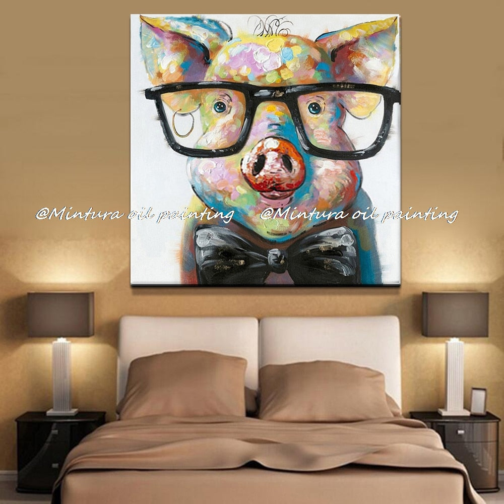 Mintura, peinture à l'huile animale de dessin animé moderne peinte à la main sur toile, art mural de cochon portant des lunettes pour la décoration de la maison du salon 