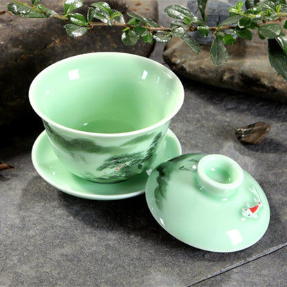 Longquan Celadon Gaiwan Porcelain Handmained Tureen Fish Relief Cup Bowl With Lid Saucer Mountain River Print Lotus Design