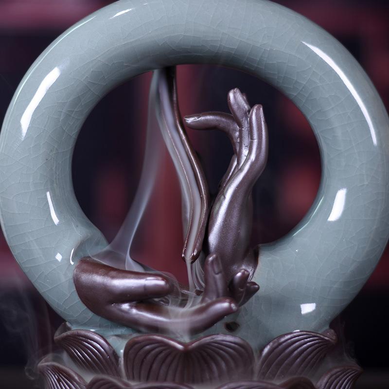 Weihrauchhalter Buddha Hand Rauch Rückfluss Ornament Buddhismus Bergamotte Weihrauchbrenner Keramik Rauch Wasserfall Räuchergefäß Kegel Dekor