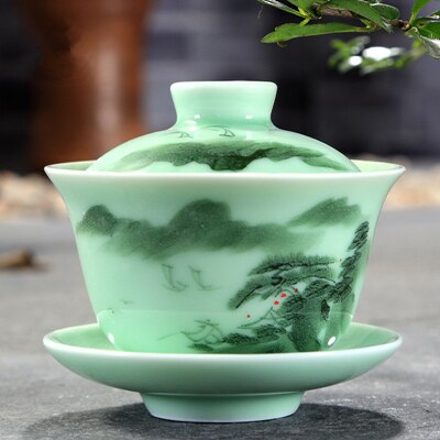 longquan celadon gaiwan porcelain handpainted tureen fish relief cup bowl with lid saucer mountain river print lotus design
