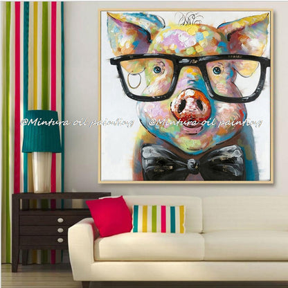 Mintura, Tuval üzerine elle boyanmış modern karikatür hayvan yağlı boya, piggy giyen gözlük giyen duvar sanatı oturma odası ev dekorasyonu