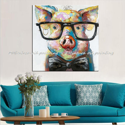 Mintura, Tuval üzerine elle boyanmış modern karikatür hayvan yağlı boya, piggy giyen gözlük giyen duvar sanatı oturma odası ev dekorasyonu
