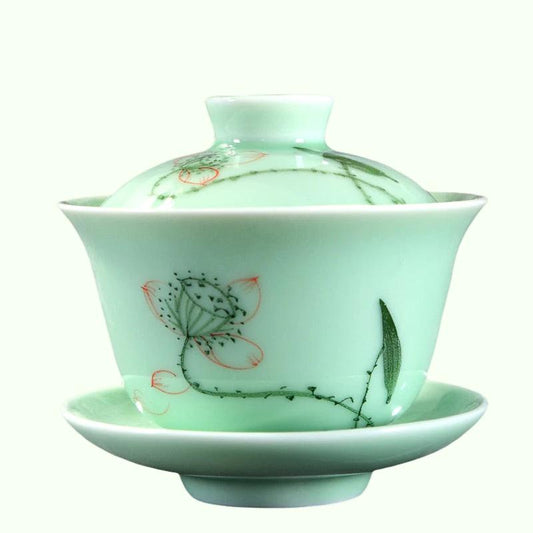 Longquan Celadon Gaiwan Porcelain Handpainted Tureen Fish Relief Cup Bowl with Lid Saucer Mountain River Print Lotus Design