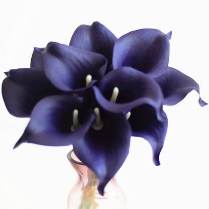 10 חבצלות קאלה כחולות כהות חיל הים פרחי מגע אמיתי פרחי חתונה קישוט חתונות זרי חתיכות פרחים מלאכותיים מזויפים קישוט ביתי