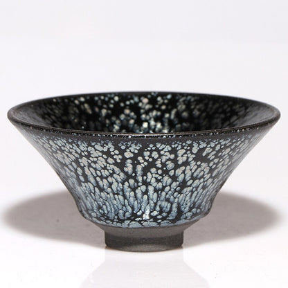 Jianzhan Vintage Cup til te Tenmoku Tea Cup Bowl Oil Drop Pattern Glaze Silver in Black Top Grade Handworks