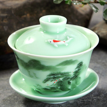 Longquan Celadon Gaiwan Porcelain Handpainted Tureen Fish Relief Cup Bowl with Lid Saucer Mountain River Print Lotus Design