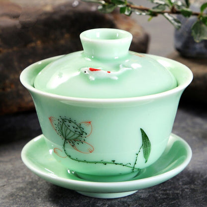 longquan celadon gaiwan porcelain handpainted tureen fish relief cup bowl with lid saucer mountain river print lotus design